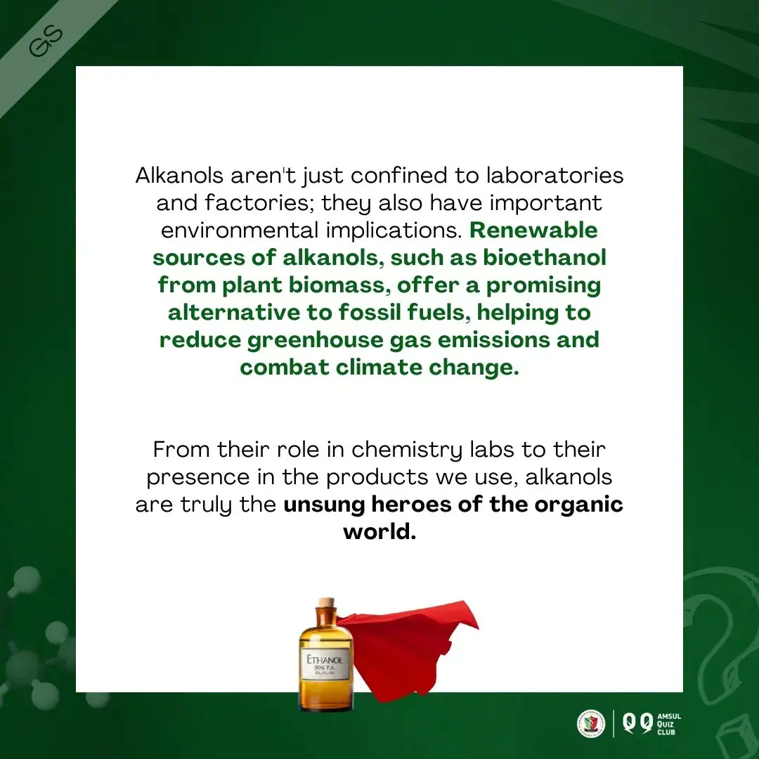 amsulquizclub's tweet photo. Ready to learn something new? Let's take you on a ride 🧠🚀
Topic: Alkanols 🧪
What do you know about Alkanols? Are they important at all to mankind? 🤔
Dive in to learn more!
#stuffoftheweek #science
Sources:
Study Smarter: Organic Chemistry/Alcohols
Britannica: Alcohol https://t.co/QnwLqONlsZ