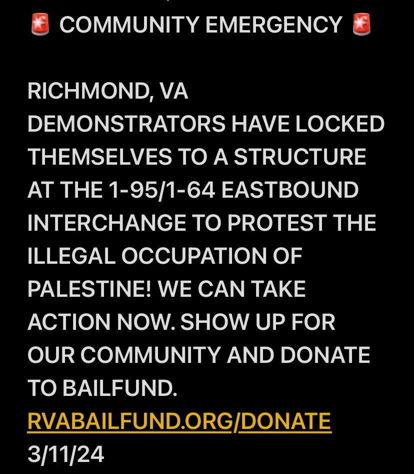 SACRALIZEDRITES's tweet photo. A group is currently occupying 1-95/1-64 eastbound in protest of the illegal occupation of Palestine 🇵🇸 https://t.co/etATMGwqrK