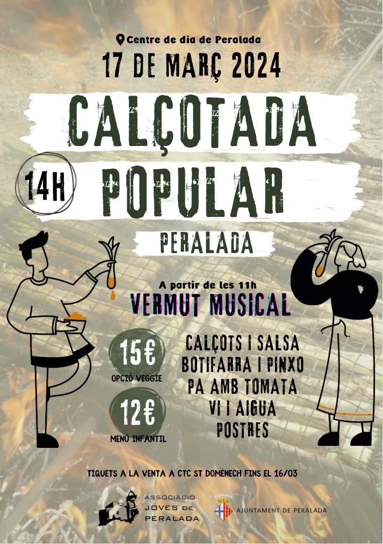Calçotada popular
🗓️ Diumenge 17 de març.
🎟️ Venda d’entrades al Centre de Turisme Cultural Sant Domènec.
Organitza: Associació de Joves de Peralada.