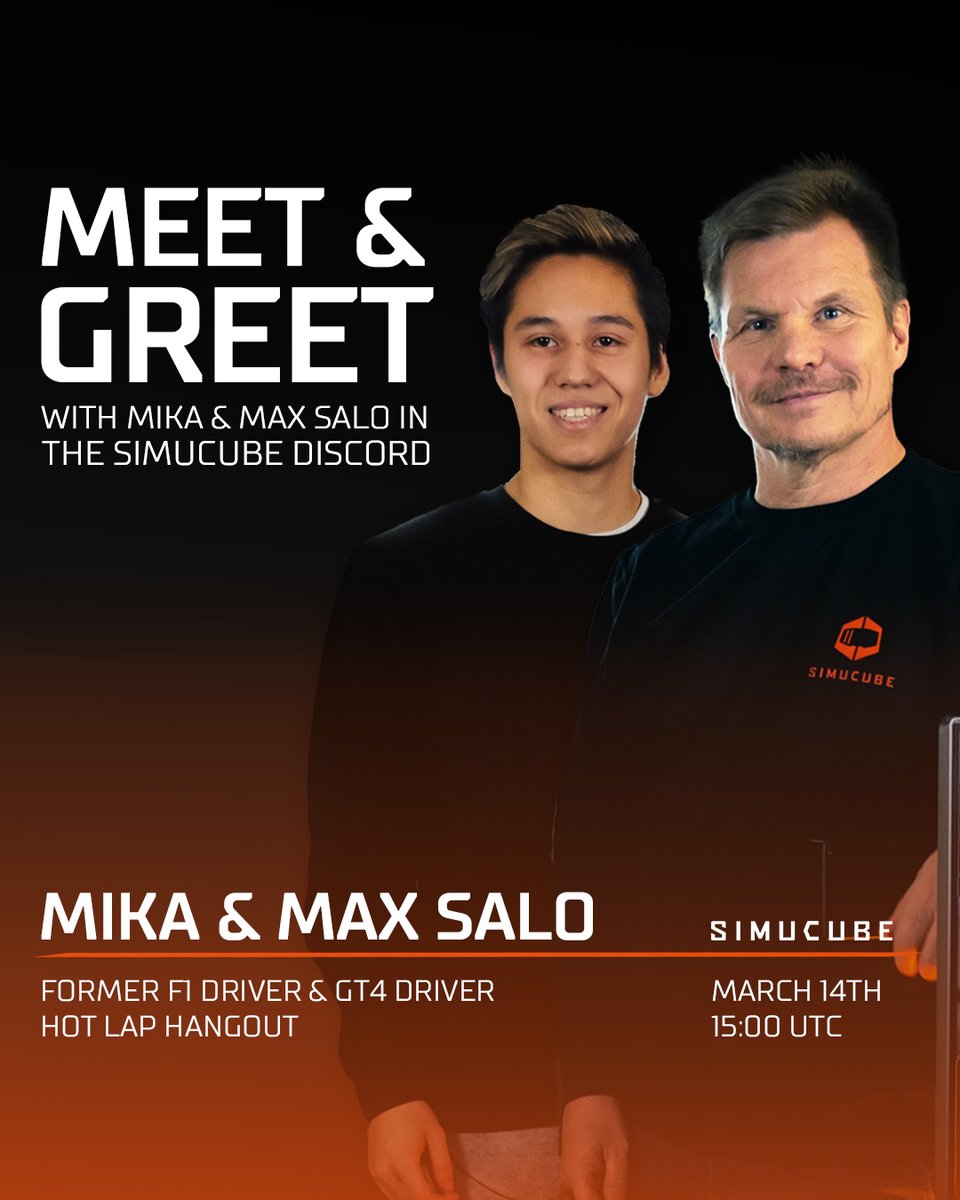 Meet Mika and Max Salo in the Simucube Discord! The next Simucube Hot Lap Hangout guests are Mika Salo and Max Salo. They will be visiting the Simucube Discord on the 14th of March! 15:00 UTC (Coordinated Universal Time) Join us on Discord! discord.gg/simucube