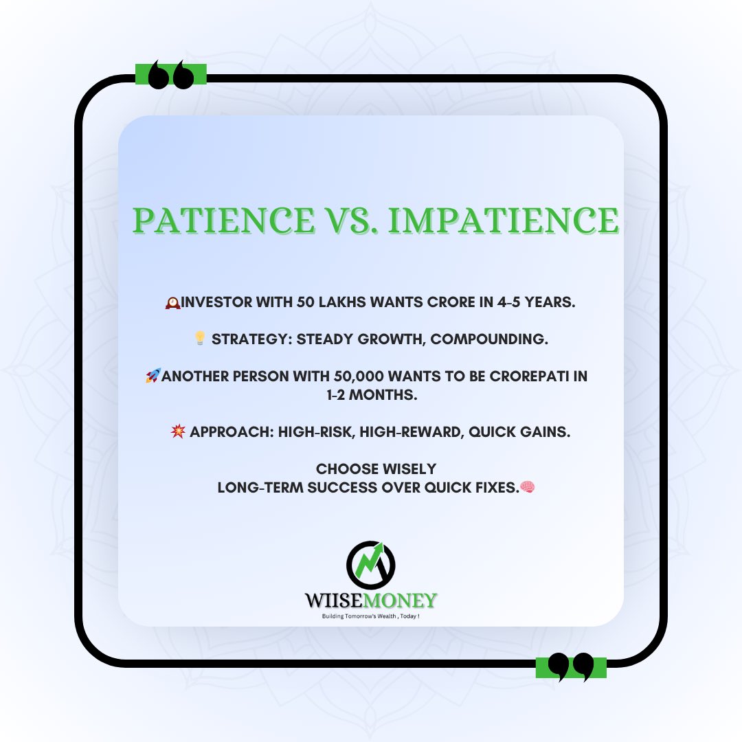 wiisemoney's tweet image. "Investing wisdom: choose between the slow and steady journey to wealth or the high-risk, high-reward gamble for quick gains. The choice is yours, but remember, long-term success beats quick fixes every time. 💼 #LongTermVsShortTerm #nifty #caa #StockMarketindia #stockmarketcrash