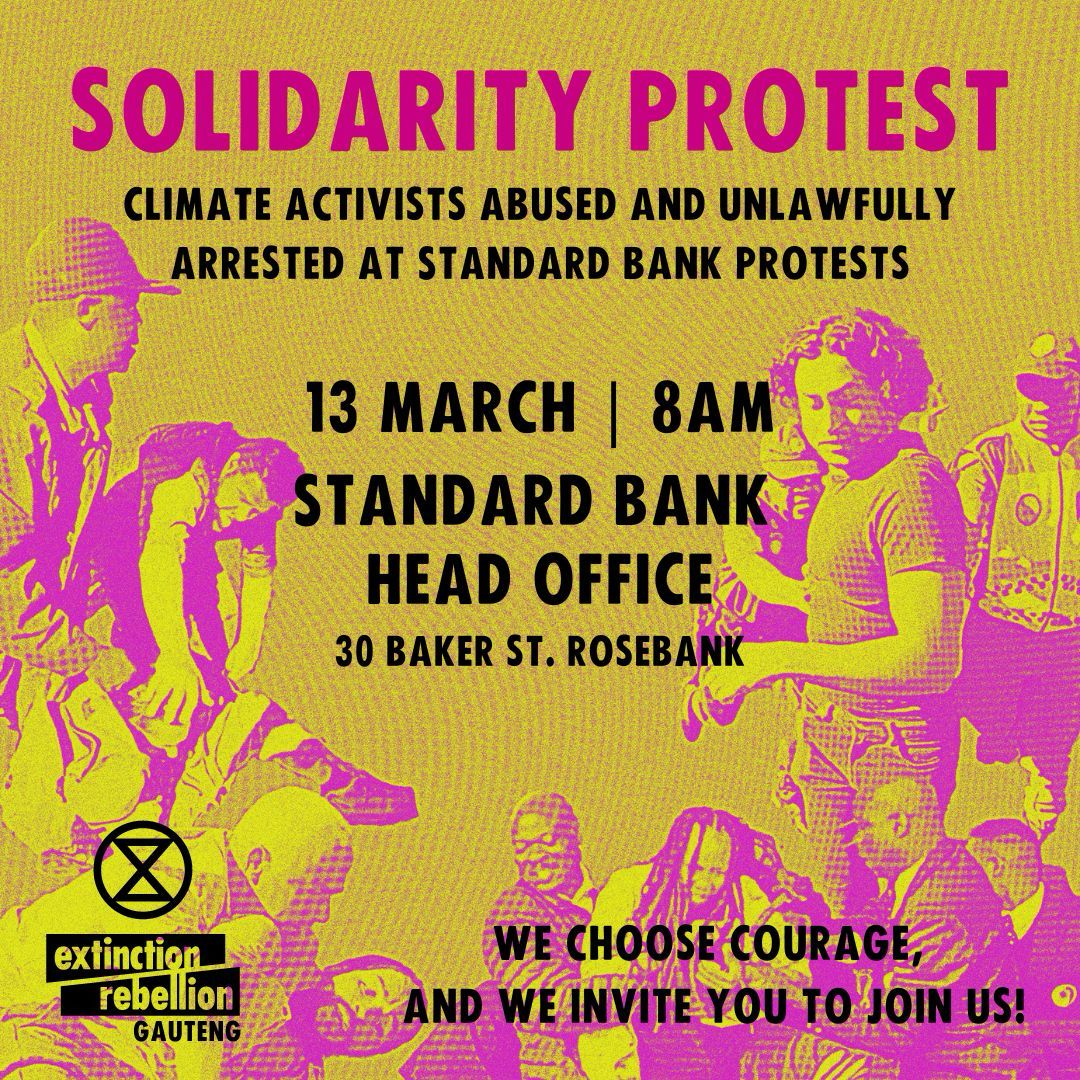 Picket at Standard Bank HQ, Rosebank, this Wednesday (March 13th) at 8AM to protest their involvement in destructive and harmful fossil fuel projects, including #EACOP. Peaceful protestors are being silenced - let's raise our voices together!
#StopEACOP #NoMoreFossilFuels