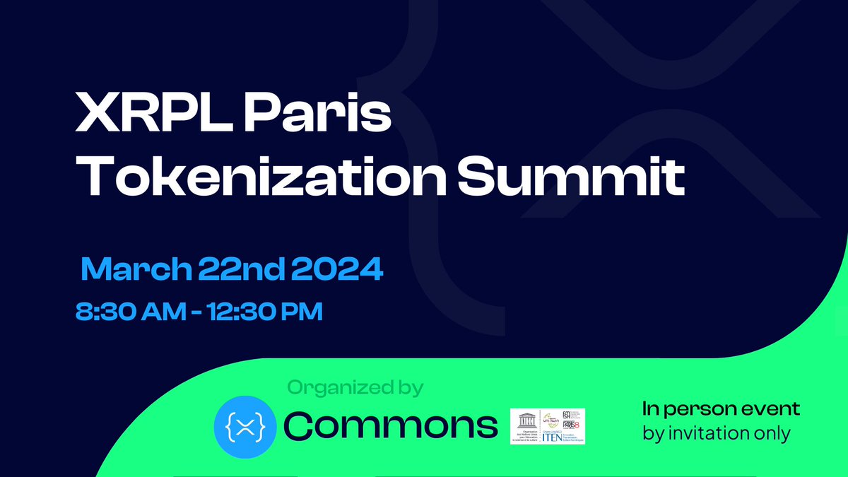 🗓️ Save the date! 'Tokenization Summit' conference organized by XRPL Commons 📍When: March 22, 2024, 8:30 AM CET 📍What: 3 keynotes, 2 panel discussions 📍Where? The Fintech Place at the Palais Brongniart Agenda & Sign up: tinyurl.com/tokenxrpl #XRPL #XRPLedger #tokenization