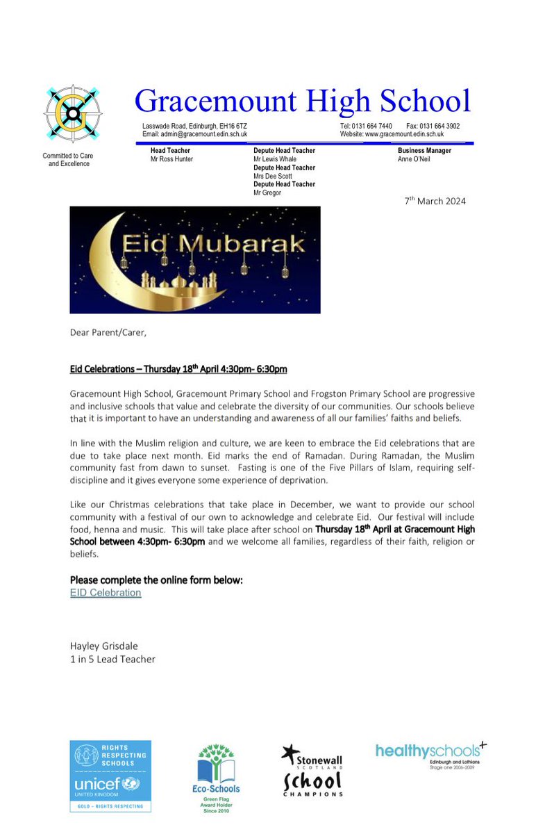 Please see attached poster for this year’s Eid celebration on Thursday 18th April, which will be held at Gracemount High School this year. This community event is organised in conjunction with @GracemountPS and @FrogstonPS - please see letter for more information.