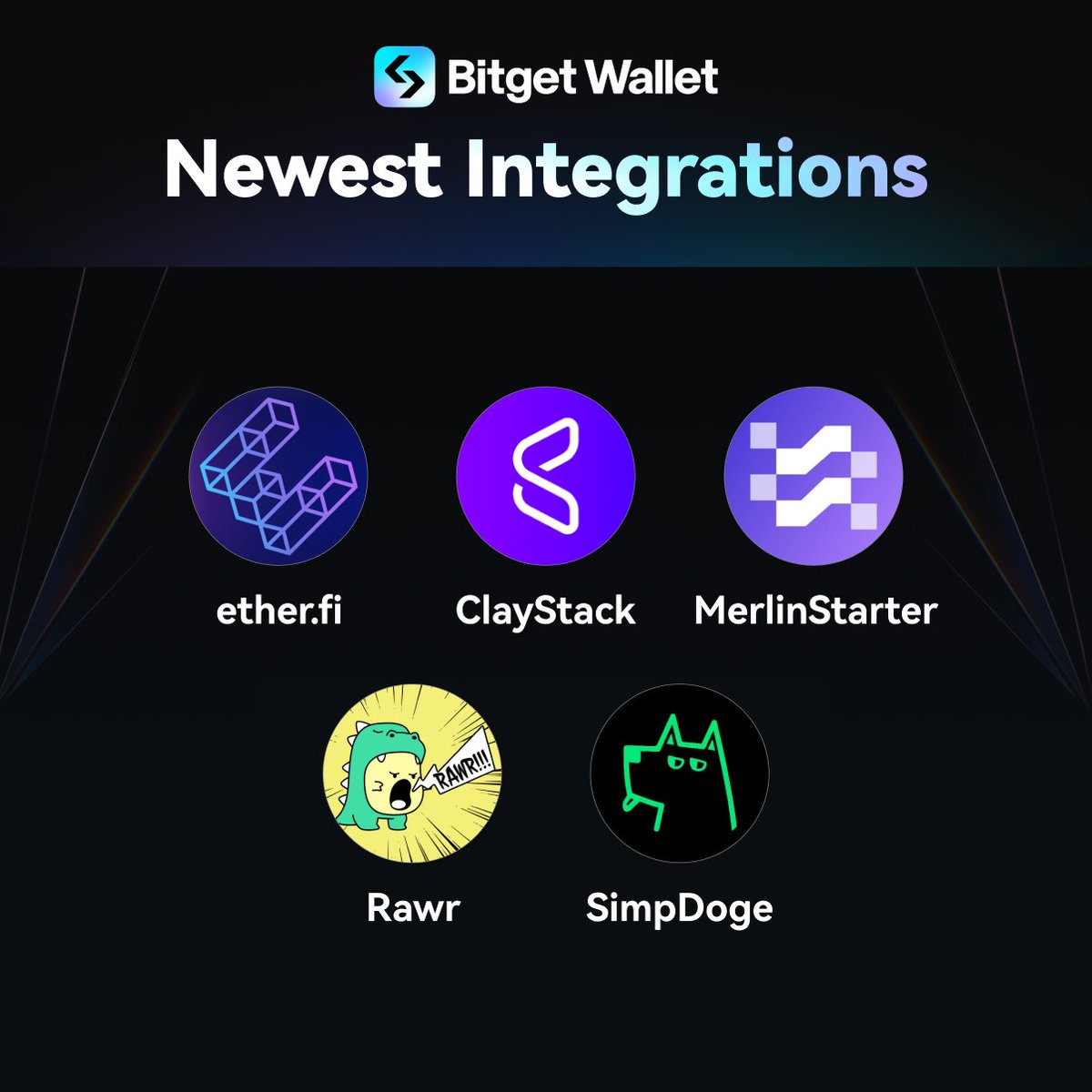 Let's give a warm welcome to #BitgetWallet's Newest Integrations 🩵

We've integrated:
<a href="/ether_fi/">ether.fi</a> <a href="/ClayStack_HQ/">ClayStack</a> <a href="/Merlin_Starter/">Merlin</a> <a href="/rawr_trade/">rawr. trade</a> <a href="/Simpdoge_me/">SimpDoge（ERC404）👅</a>

We're making your favourite #crypto projects more accessible! Who do you want to see next? 👀