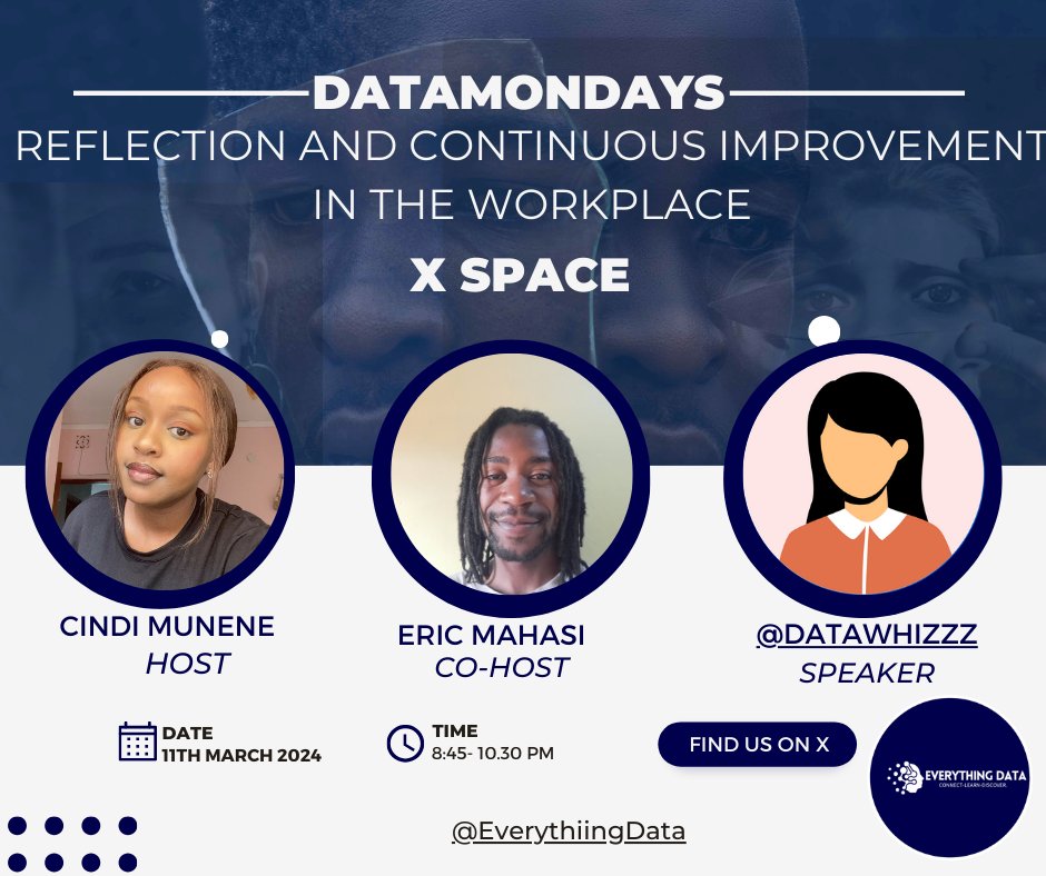 EverythiingData's tweet image. Do you take time to reflect on your daily actions and decisions? 
What are some of the measures you take to enhance your skills on a daily?
You&apos;re right! It&apos;s #DataMondays 🥳
Join in the conversation tonight with @datawhizzz hosted by @CindiMunene &amp;amp; @EricMahasi 
#EverythingData