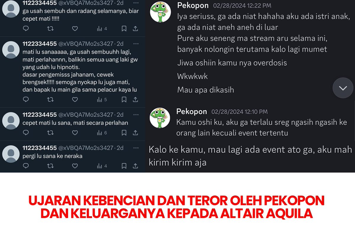 altairaquilavt's tweet photo. Halo, aku Altair Aquila ingin speak up mengenai terror yang dilakukan oleh Pekopon a.ka. @Akimfoa dan keluarganya semenjak Hari Kamis, 7 Maret 2024 hingga sekarang.
Dengan thread ini, aku berharap semua vtuber dapat berhati-hati dengan orang yang aku sebutkan. (1) https://t.co/GDBtXPYdsb