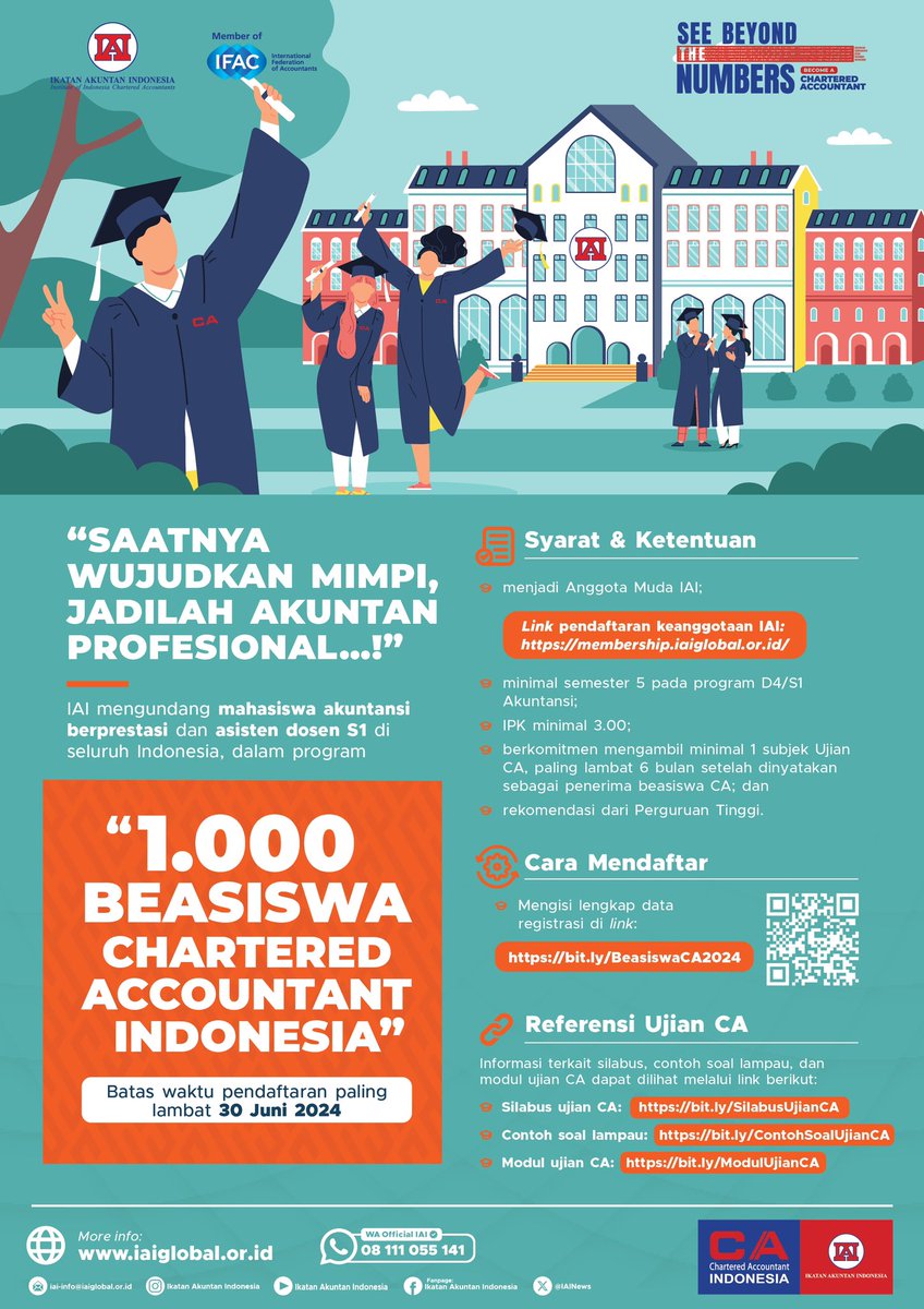 1.000 Beasiswa Ujian Chartered Accountant: Saatnya wujudkan mimpi menjadi Akuntan Profesional.

Pendaftaran dilakukan secara online melalui bit.ly/BeasiswaCA2024 paling lambat 30 Juni 2024.

#ikatanakuntanindonesia #beasiswa