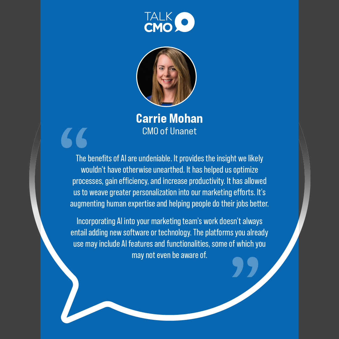 Ever wondered how AI could revolutionize your marketing game? Dive deep into the #DigitalTransformation journey of Unanet's marketing team with Carrie Mahon, Chief Marketing Officer, in her groundbreaking article on TalkCMO! Read full: tcmo.in/3uYha9F #AIRevolution