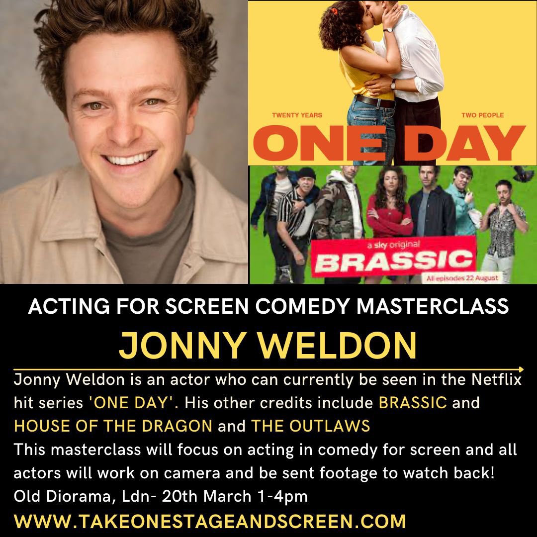 𝘾𝙊𝙈𝙀𝘿𝙔 
𝙎𝘾𝙍𝙀𝙀𝙉 𝘼𝘾𝙏𝙄𝙉𝙂 𝙈𝘼𝙎𝙏𝙀𝙍𝘾𝙇𝘼𝙎𝙎!!! 🎭 
With <a href="/jonnyweldon/">Jonny Weldon</a> 
Weds 20th March 1pm
SO EXCITED! To have Jonny working with <a href="/TakeoneUk/">Take One Stage and Screen</a> 
All actors will work on camera in a mock on-set style and be sent footage following  🎥🎬
Book: takeonestageandscreen.com/service-page/a…