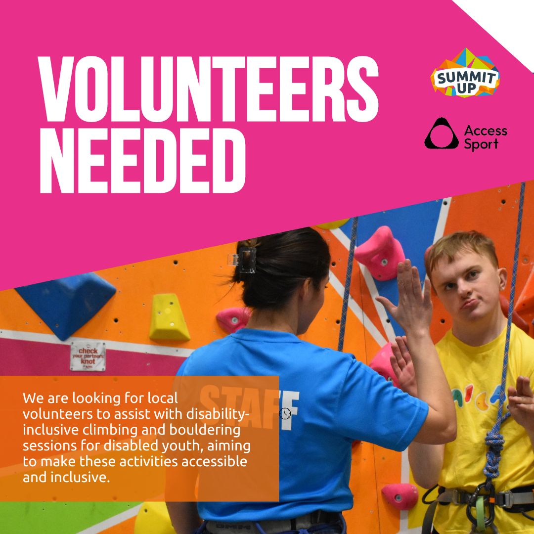Summit Up is looking for local volunteers to support our disability-inclusive climbing and bouldering sessions for disabled children and young people. summitupclimbing.com/volunteers/?cn…