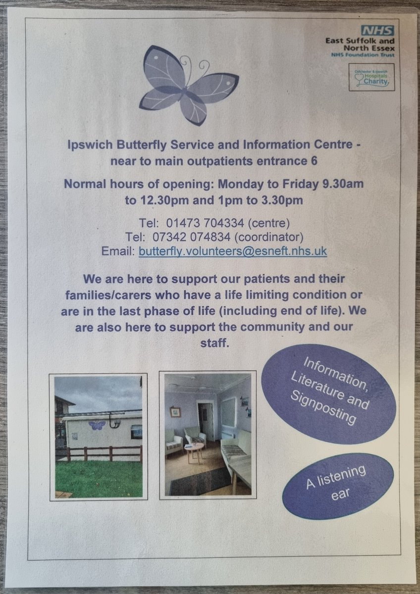 Our new posters will be being distributed around the wards at Ipswich Hospital this week to bring awareness to our Butterfly Centre. A safe, quiet space where EVERYONE is welcome 🦋