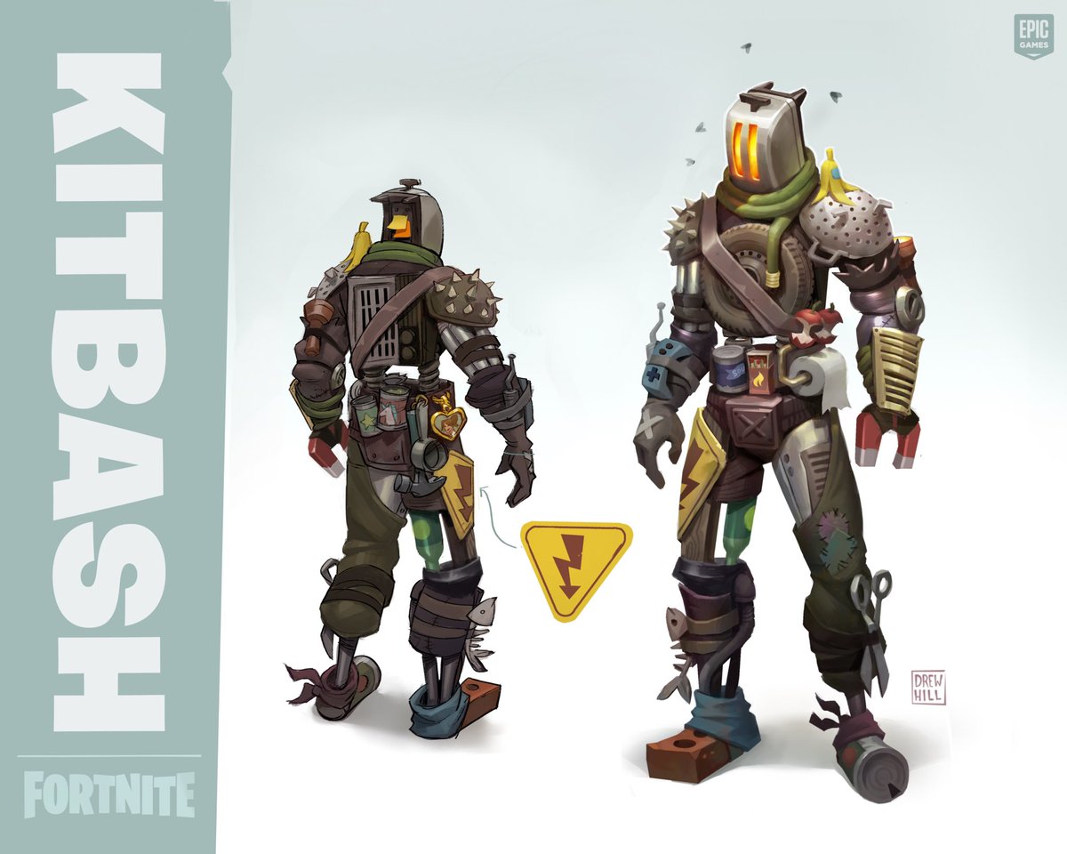 This is my concept art from when I designed Kitbash. I thought it would be fun to make a character constructed entirely out of random stuff from a junkyard. #fortnite #fortniteart #conceptart