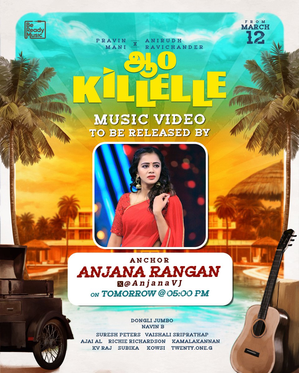 . @neelimaesai , @KikiVijay , @AnjanaVJ and @RjVigneshkanth are set to drop the #AaoKillelle music video. 😍 #AaoKillelle out tomorrow at 5 PM @bereadymusicc @anirudhofficial @pravinmanimusic @Lyricist_NavinB @OfficialBalaji @kaavya_arivu23 @DONGLI_JUMBO @aadhu_deshmukh @vbzu…