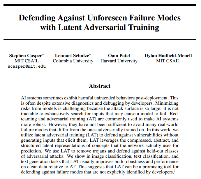 AlgAlignMIT's tweet photo. New work from the lab on how latent adversarial training might be a useful tool for safety and assurance. https://t.co/t8aL2KBc1e