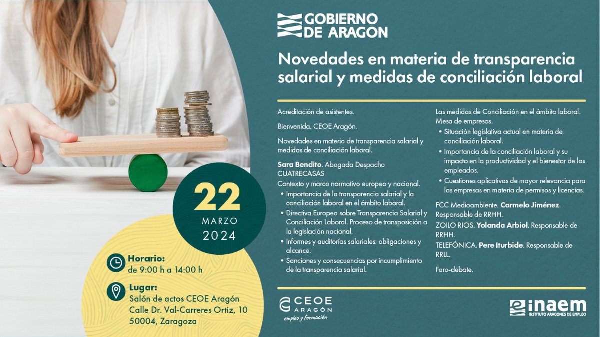En la jornada sobre "Novedades en materia de transparencia salarial y medidas de conciliación laboral" descubriremos la importancia de la transparencia salarial y medidas de conciliación laboral en la productividad y el bienestar.
➡️ ceoearagon.es/jornadas/noved…
@ceoearagon @inaempleo