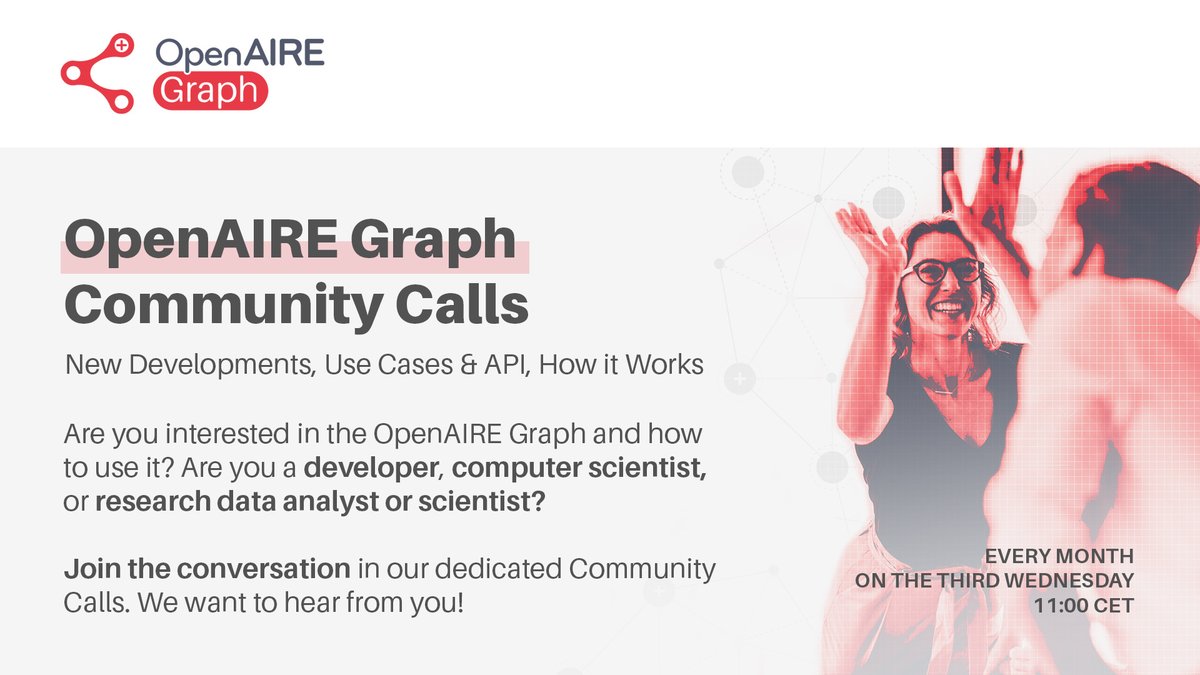 Registration is open! Join us in our next #OpenAIREGraph #CommunityCall on Wed. 20 March 11:00 CET where Graph data engineer, curator, & scientist Miriam Baglioni will present using the Beginner’s Kits for #DataAnalysis. Register now tinyurl.com/4fcjfwzk #OpenAIRE…