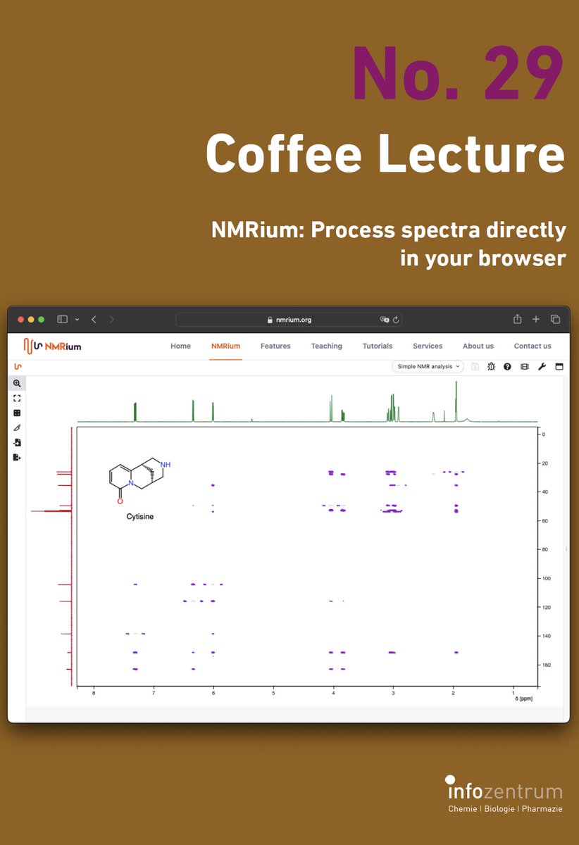 Tomorrow's Coffee Lecture (12.3.2024) will be given by external speaker Luc Patiny, who just published the paper on #NMR software #NMRium (see earlier tweet). Join us for #coffeelecture No. 29 at HCI G2 (with coffee and chocolate) or via Zoom at 13:00
ethz.zoom.us/j/63020946312