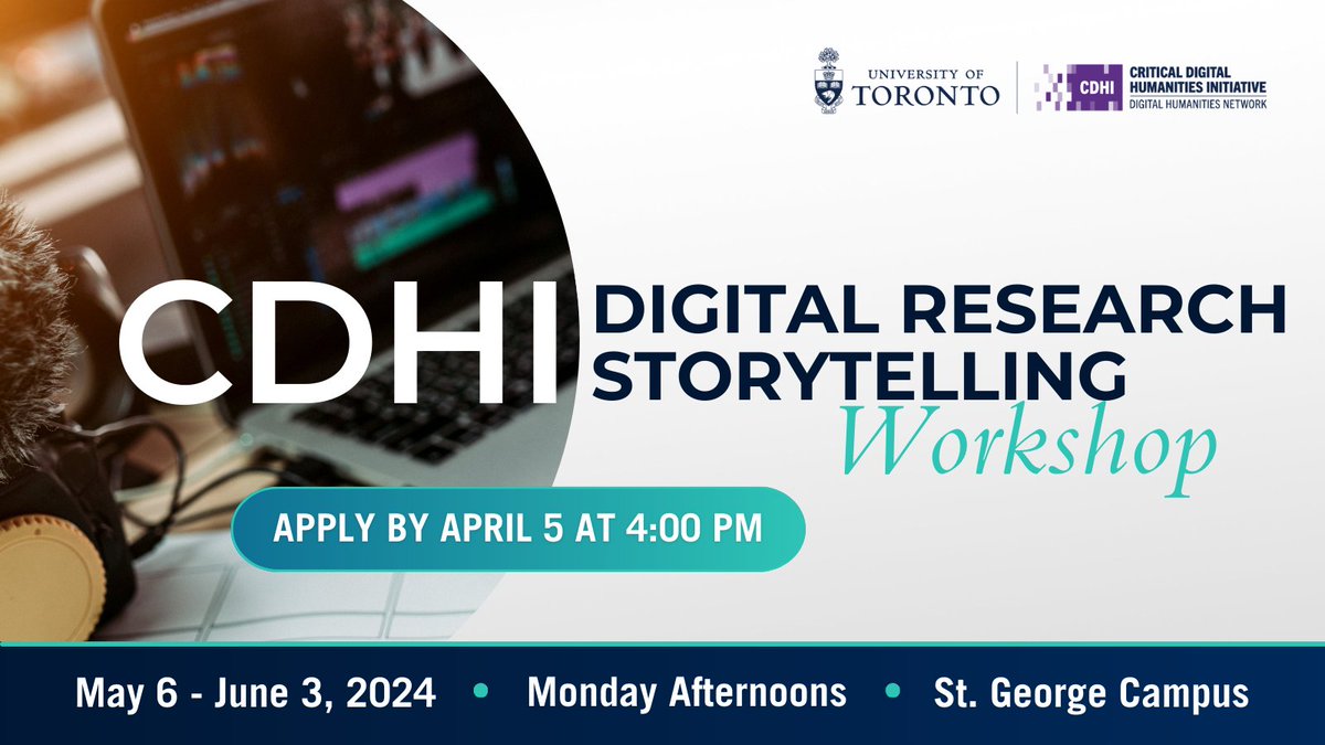 Now accepting applications for 2024! Our Digital Research Storytelling Workshops teach researchers how to create short, multimodal videos that highlight key findings from their research projects. Sessions run weekly from May 6-June 3. Apply by April 5 at uoft.me/DIGI-SW-24.