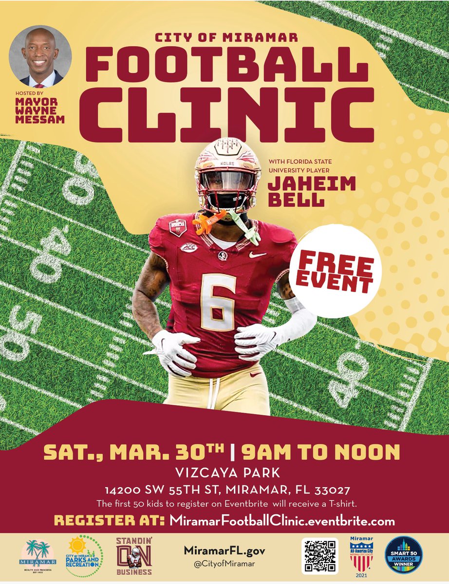 Calling all athletes! Join Mayor @WayneMessam and Jaheim Bell for a FREE football clinic.