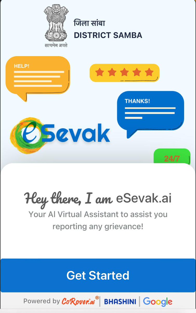 Deputy Commissioner Samba (@dcsambaoffice) on Twitter photo District administration Samba launches "eSevak" : AI based Whatsapp Integrated Chatbot for Grievance management. Citizen can raise any grievance on merasamba.in or Interactive eSevak chatbot : 8892459474 <a href="/OfficeOfLGJandK/">Office of LG J&K</a> <a href="/diprjk/">Information & PR, J&K</a> <a href="/NeGD_GoI/">National e-Governance Division</a> <a href="/GoI_MeitY/">Ministry of Electronics & IT</a> <a href="/SabharwalAnkush/">Ankush Sabharwal</a> District administration Samba launches "eSevak" : AI based Whatsapp Integrated Chatbot for Grievance management. Citizen can raise any grievance on merasamba.in or Interactive eSevak chatbot : 8892459474 <a href="/OfficeOfLGJandK/">Office of LG J&K</a> <a href="/diprjk/">Information & PR, J&K</a> <a href="/NeGD_GoI/">National e-Governance Division</a> <a href="/GoI_MeitY/">Ministry of Electronics & IT</a> <a href="/SabharwalAnkush/">Ankush Sabharwal</a>