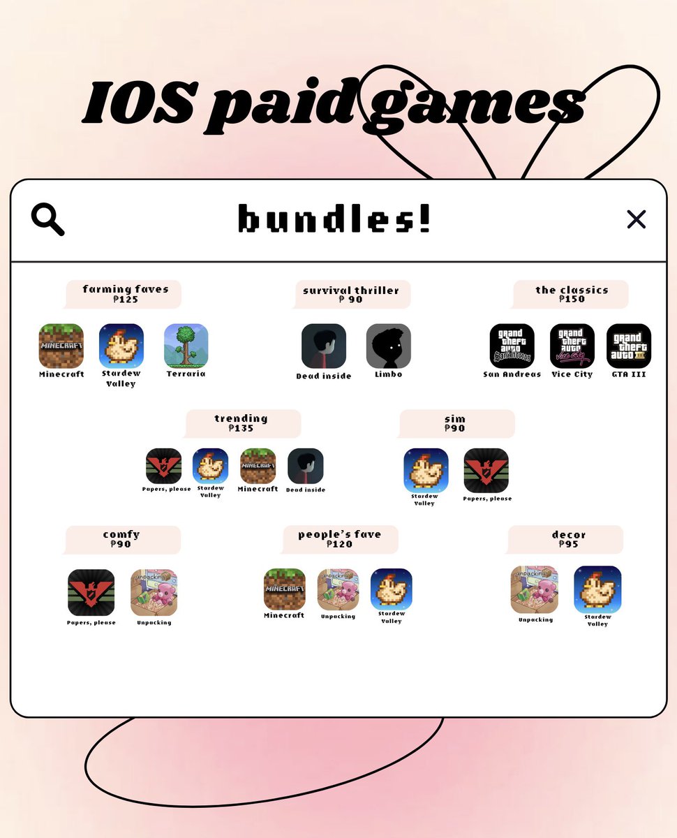 Hewow~ Enjoy fun, quality games without overspending. Check out my price list on these premium games!  Very affordable to all students and gamers, most especially you can make your own bundle! 

lf wts wtb ph ios paid apps ios paid games discounted price
