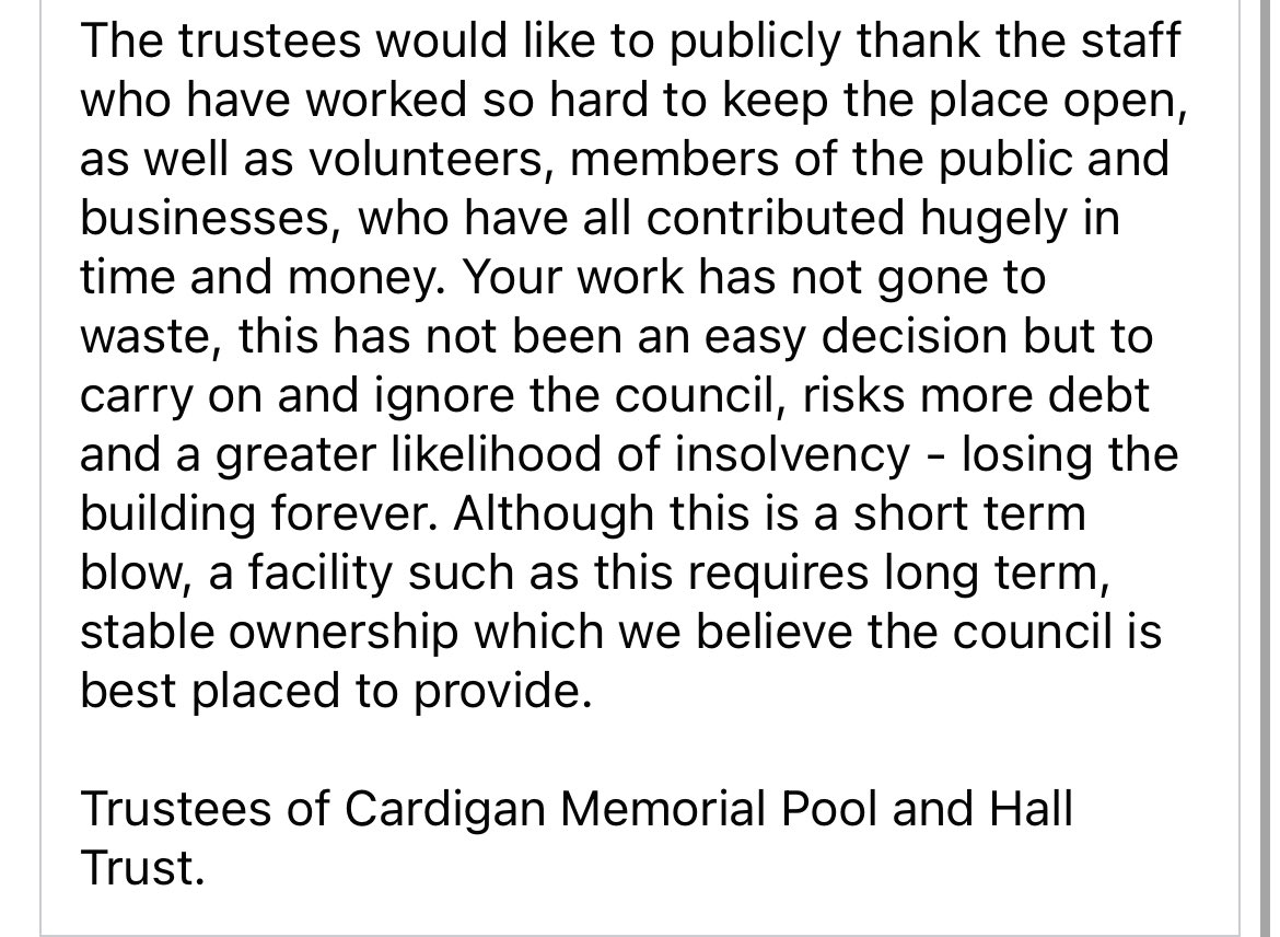 Very sad news and a huge blow. Let’s hope sensible decisions can be made imminently to ensure that Cardigan has a pool. It’s essential for the children and adults of the area that’s there is such a facility. @CeredigionCC @CliveBronydd @CeredigionActif