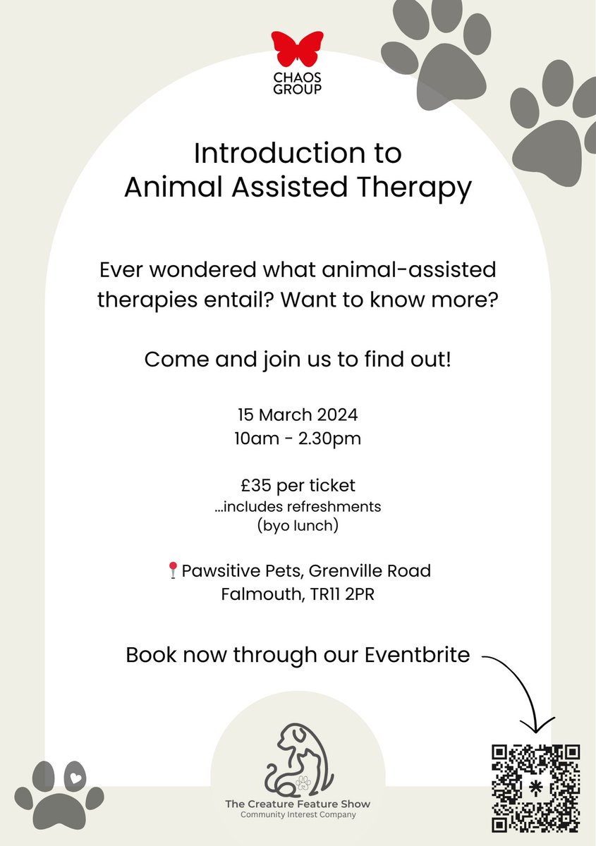 We love animals here at #CHAOSRadio! But did you know that they can play a role in your therapy journey?! 🐾 

Our very own <a href="/creaturefeat/">Thecreaturefeatureshow</a> are partnering with <a href="/ChaosFarmUK/">CHAOS Farm 🌿</a> to host an Introduction to Animal Assisted Therapy!

Only a few days left to book!👇🏼
eventbrite.co.uk/e/introduction…