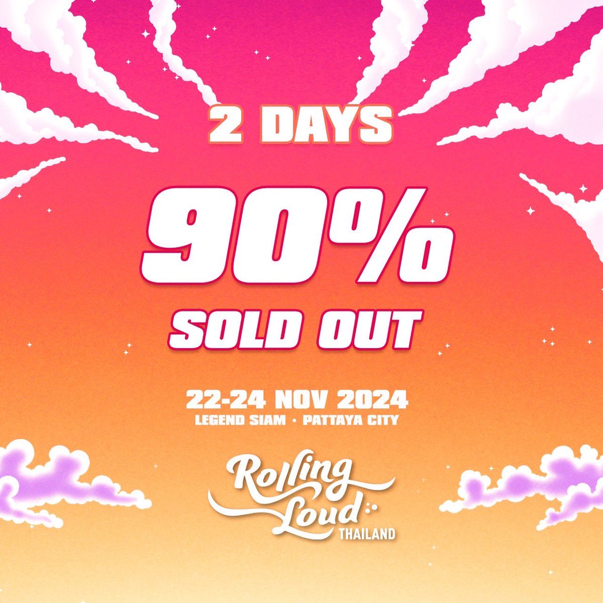 LET'S GOOOO THAILAND 🙌🇹🇭 . เดือดมาก สำหรับ Early Bird ของ Rolling Loud Thailand 2024 เราเดินทางมาถึง 90% แล้ว!!! ยังไงเยาวรุ่น Hip-Hop และงาน Festival 🔥🔥🔥 . Early bird, Now!! March 10-13, 2024 👇 ticketmelon.com/rollingloudtha…
