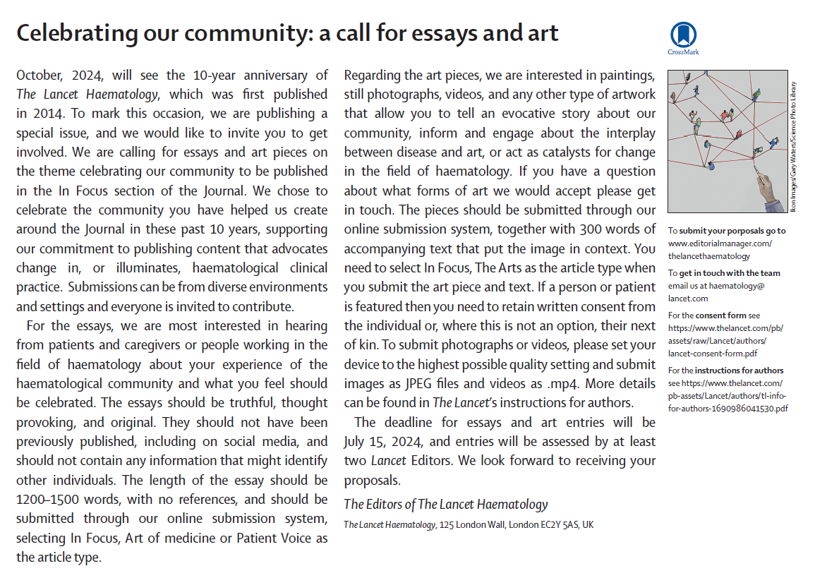 📢Call for essays and #art! October will mark our 10-year anniversary and we are calling for pieces on the theme 'celebrating our community' ⬇️ 

We look forward to receiving contributions by July 15! thelancet.com/journals/lanha… #hematology #haematology #patientvoice #artofmedicine