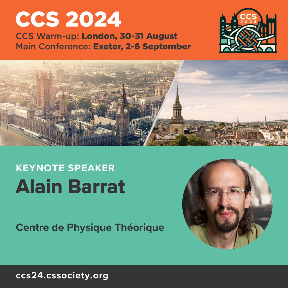 #KeynoteSpeaker @alainbarrat, Research Director at CNRS. Expert in complex networks and dynamical processes, with interdisciplinary applications from social to technological networks and epidemic spreading phenomena. Currently focusing on temporal networks and human behavior.
