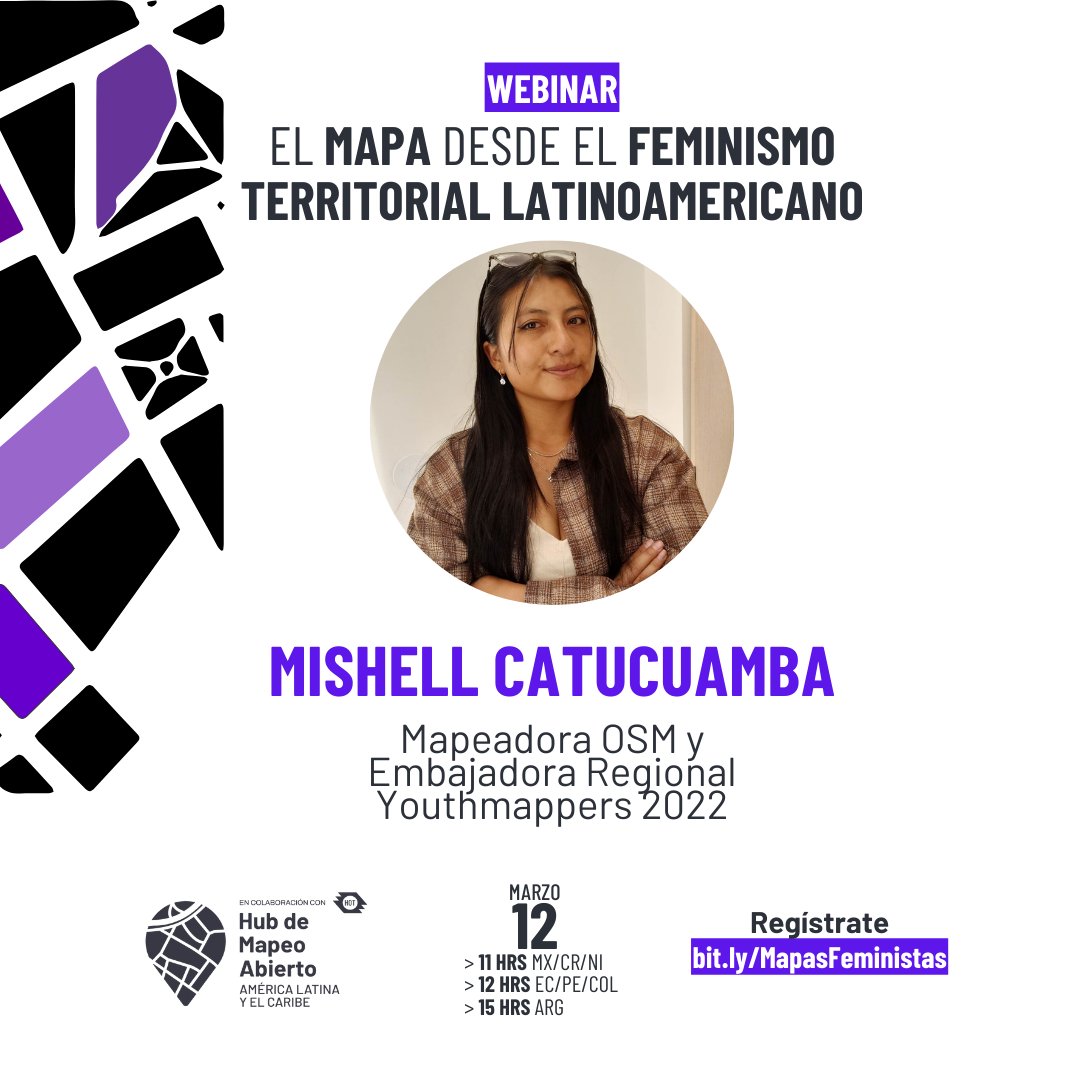 ¡Acompaña a <a href="/mizhufa/">Mishell Catucuamba</a>, ingeniera geoespacial, voluntaria de #OSM, y miembro de la Red de Jóvenes para la Reducción del Riesgo de Desastres en las Américas y El Caribe!

📅 12 de marzo | 11 am MX / 12 pm EC / 3 pm ARG
🔴 Regístrate aquí → bit.ly/MapasFeministas
