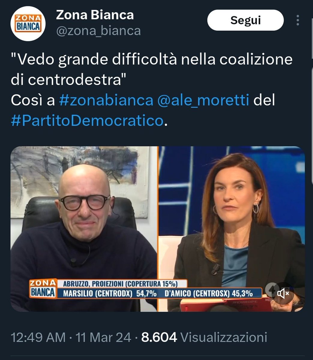 Simona45104788's tweet image. Però dai, è sfigata @ale_moretti. Proprio mentre sta dicendo: &quot;vedo grande difficoltà nella coalizione di destra&quot; passano la scritta: &quot;#Marsilio cdx 54,07% - #DAmico cdx 45,03%. Grasse risate in studio. #ètuttobelliffimo 🤣
