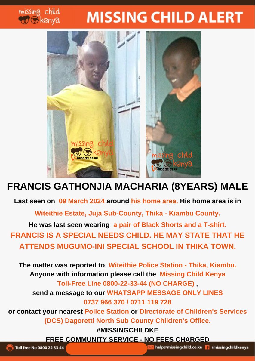 MISSING CHILD ALERT –SPECIAL NEEDS - WITETHIE - JUJA - KIAMBU  COUNTY.  Francis Gathonjia Macharia  (8 yrs)  was last seen on 09/03/2024. Please share alert to help reunite him with family. Thanks. #MISSINGCHILDKE
@MTotoNews

@SokoAnalyst

@KenyanTraffic

@Tuko_co_ke