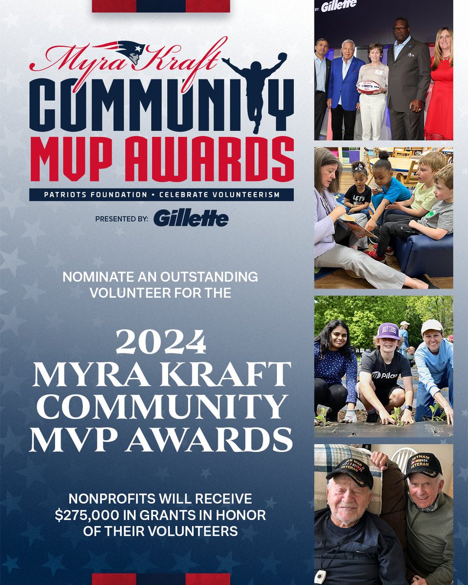 Make sure to nominate an outstanding volunteer for the 2024 Myra Kraft Community MVP Awards! Submit an application: bit.ly/3XVtRuz