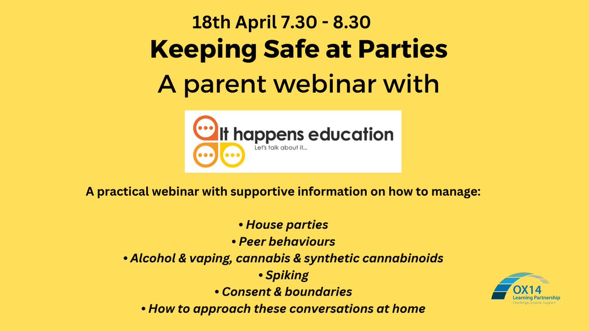 We are looking forward to this next parent webinar on keeping safe at parties with @ab_wellbeing @ASPartnerships @ithappens_edu