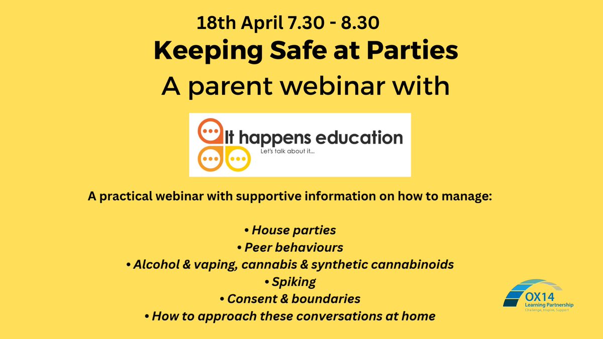 OX14 Learning Partnership (@ox14_lp) on Twitter photo We are looking forward to this next parent webinar on keeping safe at parties with <a href="/ab_wellbeing/">Wellbeing at Abingdon</a> <a href="/ASPartnerships/">Abingdon School in Partnership</a> <a href="/ithappens_edu/">It Happens Education... RSHE</a> We are looking forward to this next parent webinar on keeping safe at parties with <a href="/ab_wellbeing/">Wellbeing at Abingdon</a> <a href="/ASPartnerships/">Abingdon School in Partnership</a> <a href="/ithappens_edu/">It Happens Education... RSHE</a>