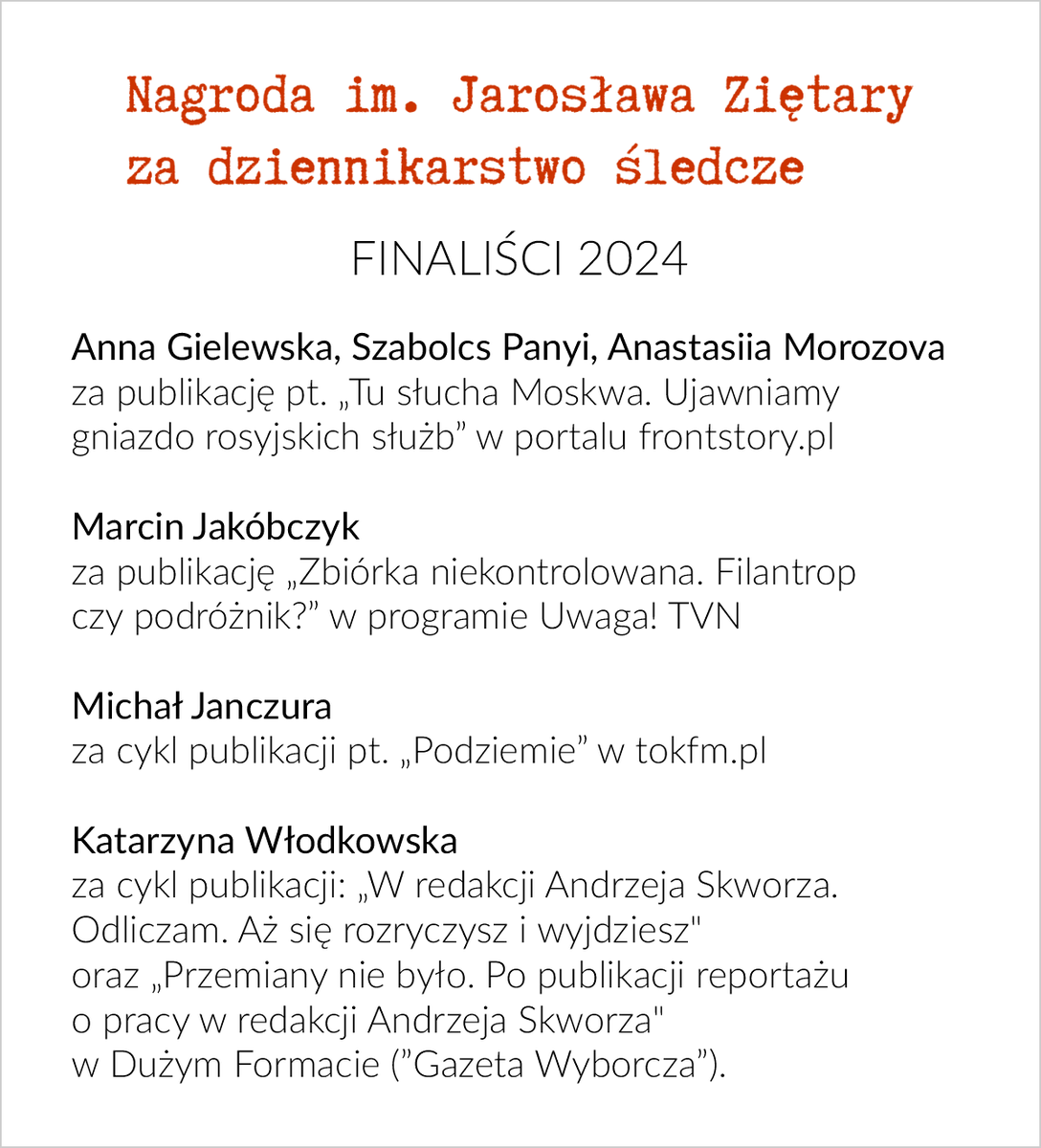 Finaliści #NagrodaZietary 2024: @agielewska @panyiszabolcs @nst_morozova, @MarcinJakobczyk, @jan_czura i @k_wlodkowska.