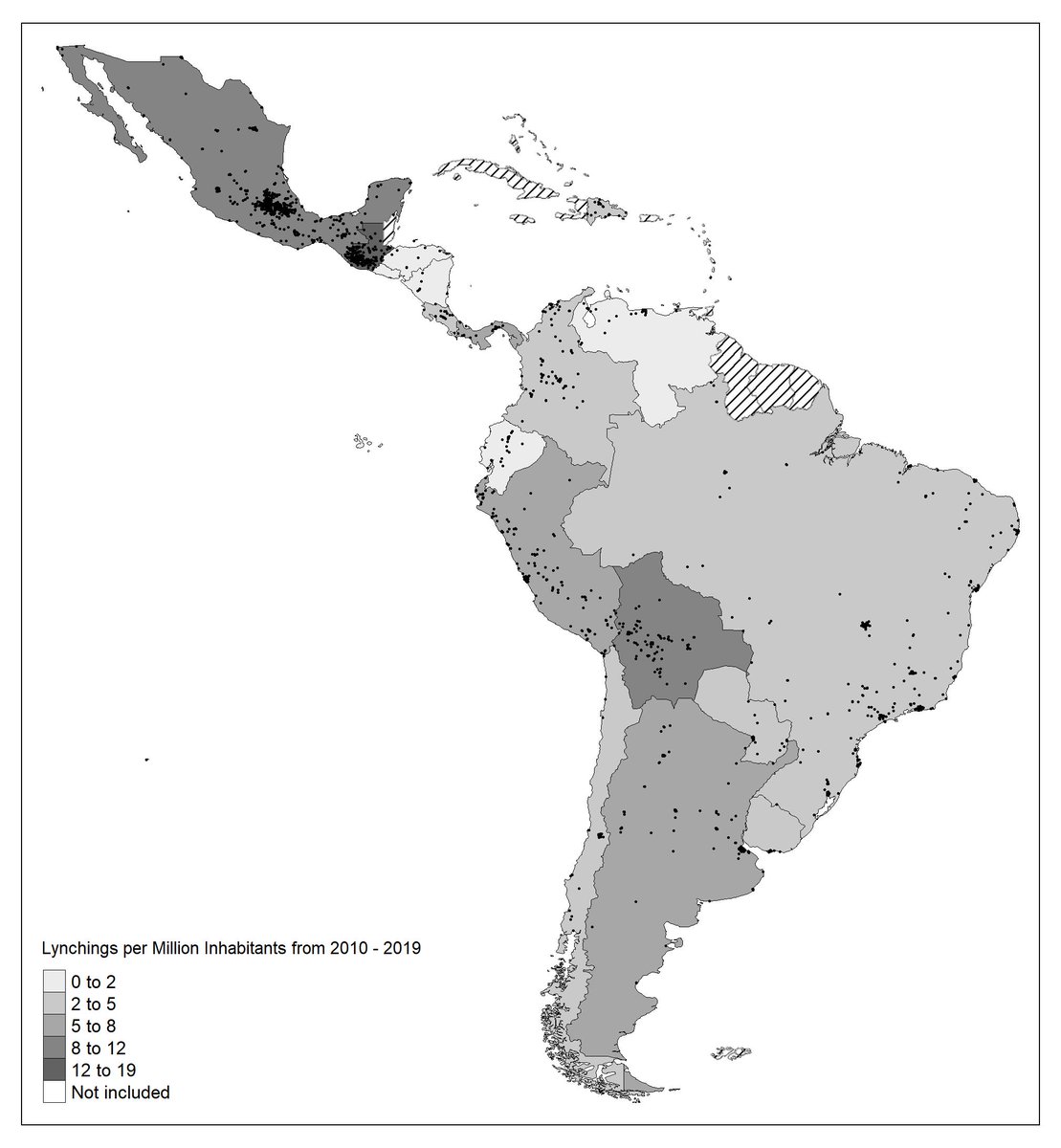 New article: Introducing the Lynching in Latin America (LYLA) dataset with @govclayton Highlights: - First cross-national dataset on lynching - 2818 reported events from 2010-2019 - Highest rates: Guatemala, Bolivia, Mexico Open access @JPR_journal: journals.sagepub.com/doi/10.1177/00…