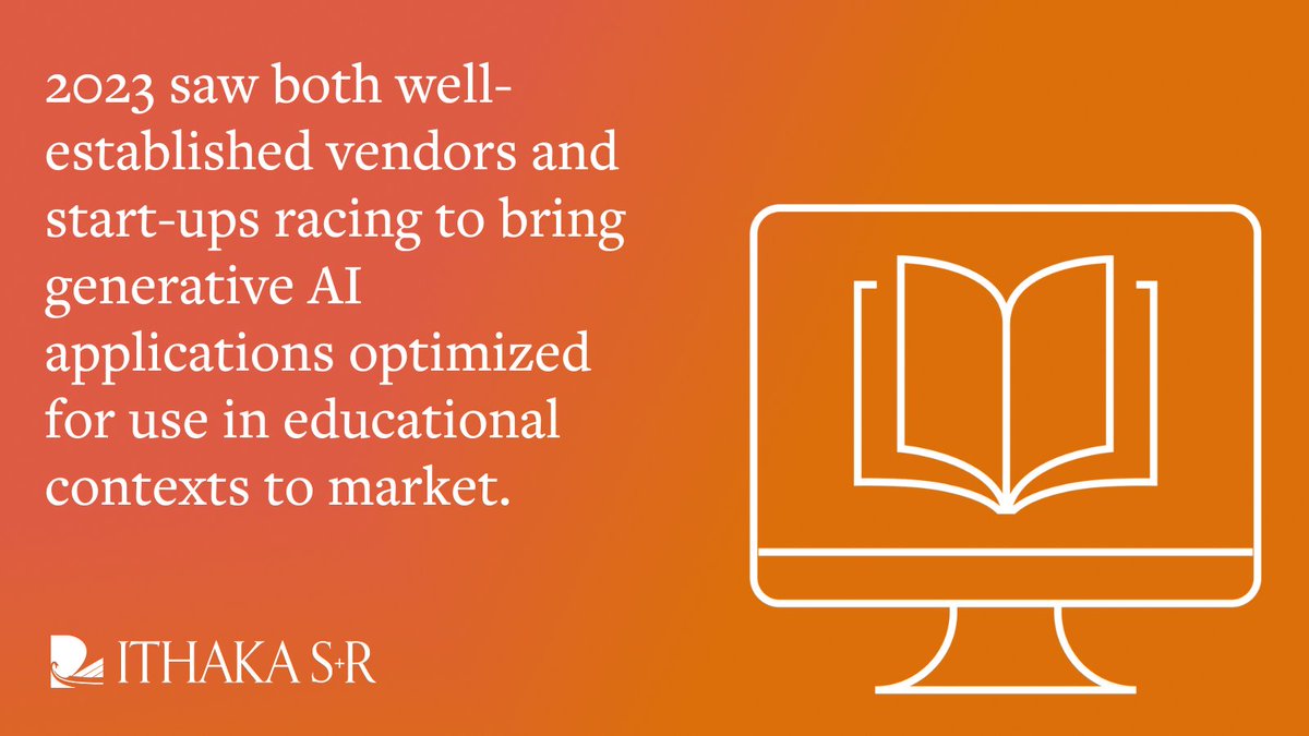 “If current trends continue, in the near future #GenerativeAI use will be ubiquitous, fully integrated into the core mission of colleges and universities.” Claire Baytas and @dylan_ruediger shed light on the product landscape of #AI in #highered: sr.ithaka.org/publications/g…