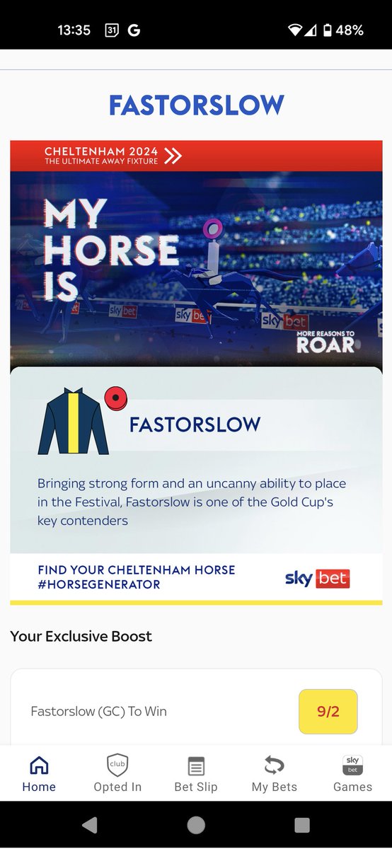I just found my horse for Cheltenham on the @SkyBet #HorseGenerator! Answer 5 questions about your football club & find your horse at m.skybet.com/horse-racing/c…