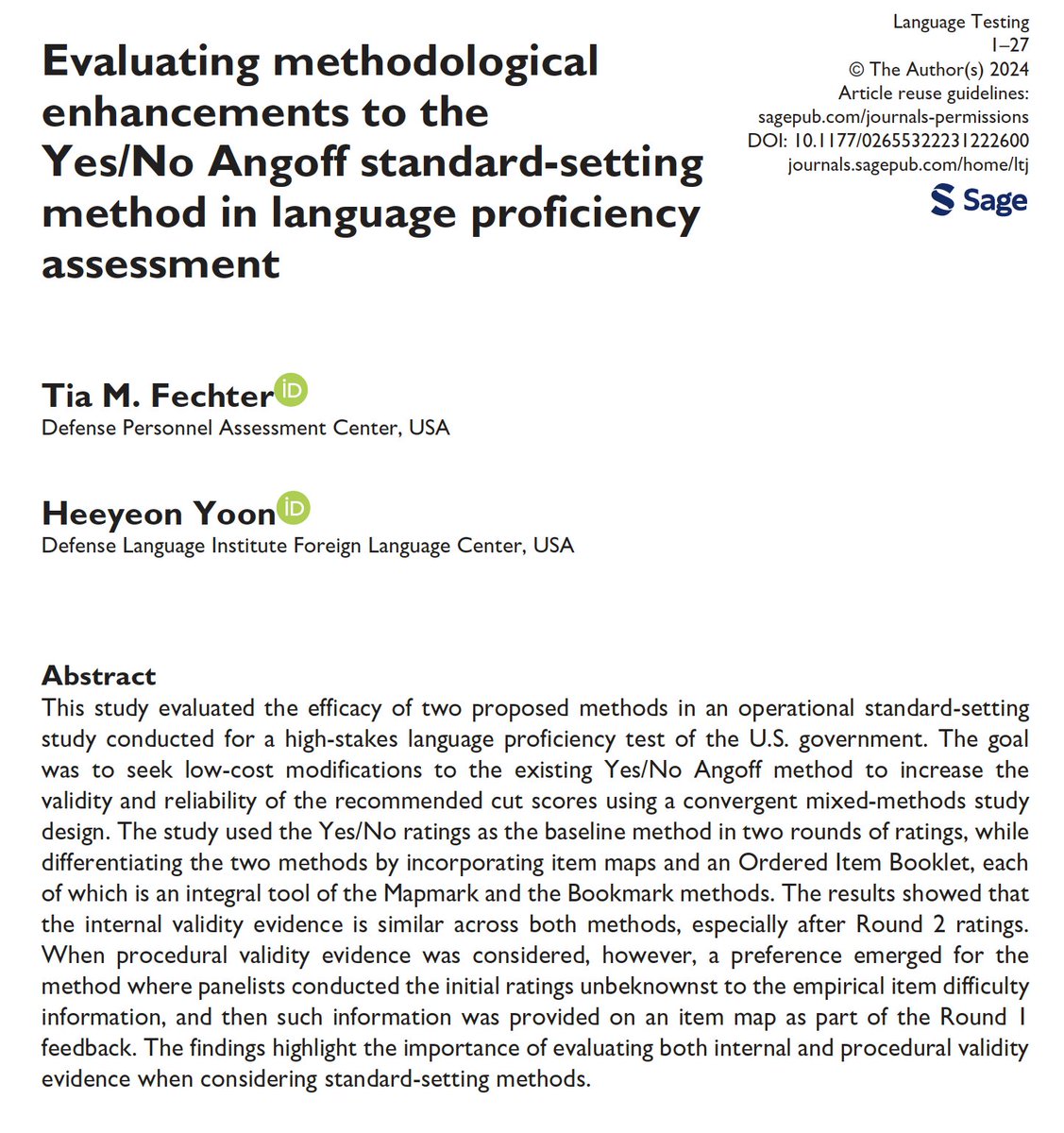Now available in Online First, Tia M. Fechter and Heeyeon Yoon explore two methods for improving the validity and reliability of the recommended cut scores for language proficiency tests in the U.S. Government Defense Language Proficiency Test program. journals.sagepub.com/doi/full/10.11…