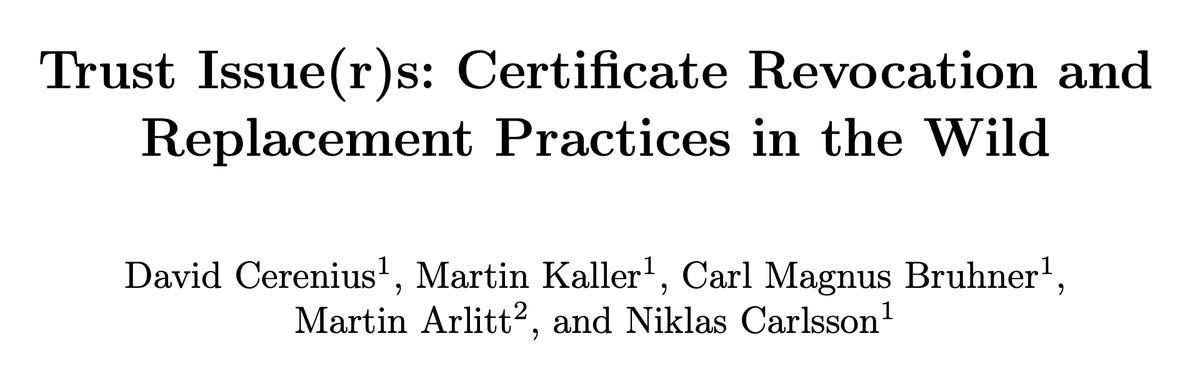 Today I'm presenting our paper 'Trust Issue(r)s: Certificate Revocation and Replacement Practices in the Wild' at the Passive and Active Measurement (PAM) conference! #PAM2024

Full paper: pam2024.cs.northwestern.edu/pdfs/paper-90.…
Alternate: ida.liu.se/~nikca89/paper…