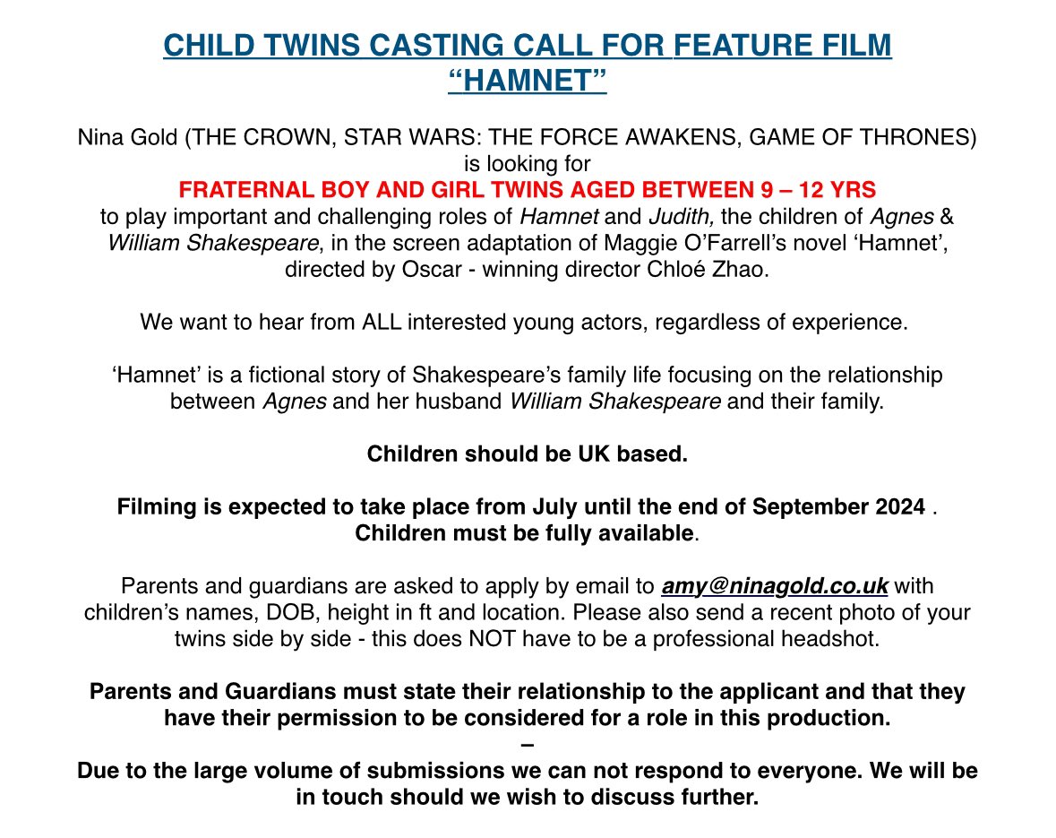 📣CASTING CALL📣
We are looking for fraternal boy and girl twins (9-12 years old) for the screen adaptation of HAMNET. See flyer below for info. PLEASE RT