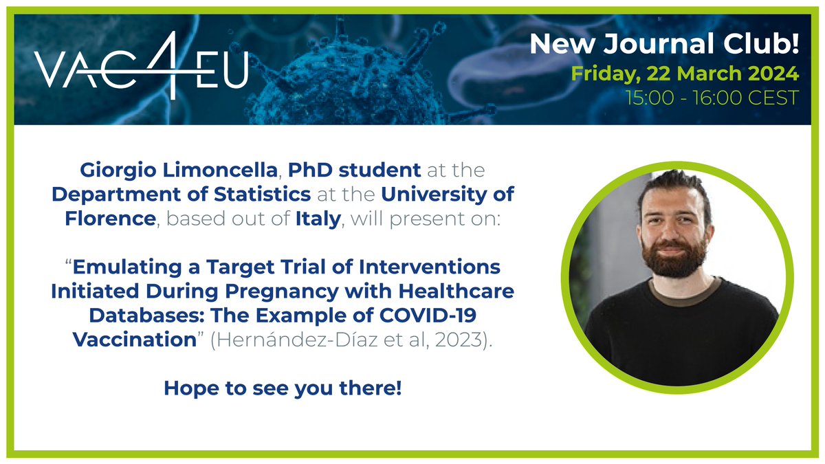🆕 Journal Club: Giorgio will present "Emulating a Target Trial of Interventions Initiated During Pregnancy with Healthcare Databases: The Example of COVID-19 Vaccination" next Friday! Register: register.gotowebinar.com/register/51084…