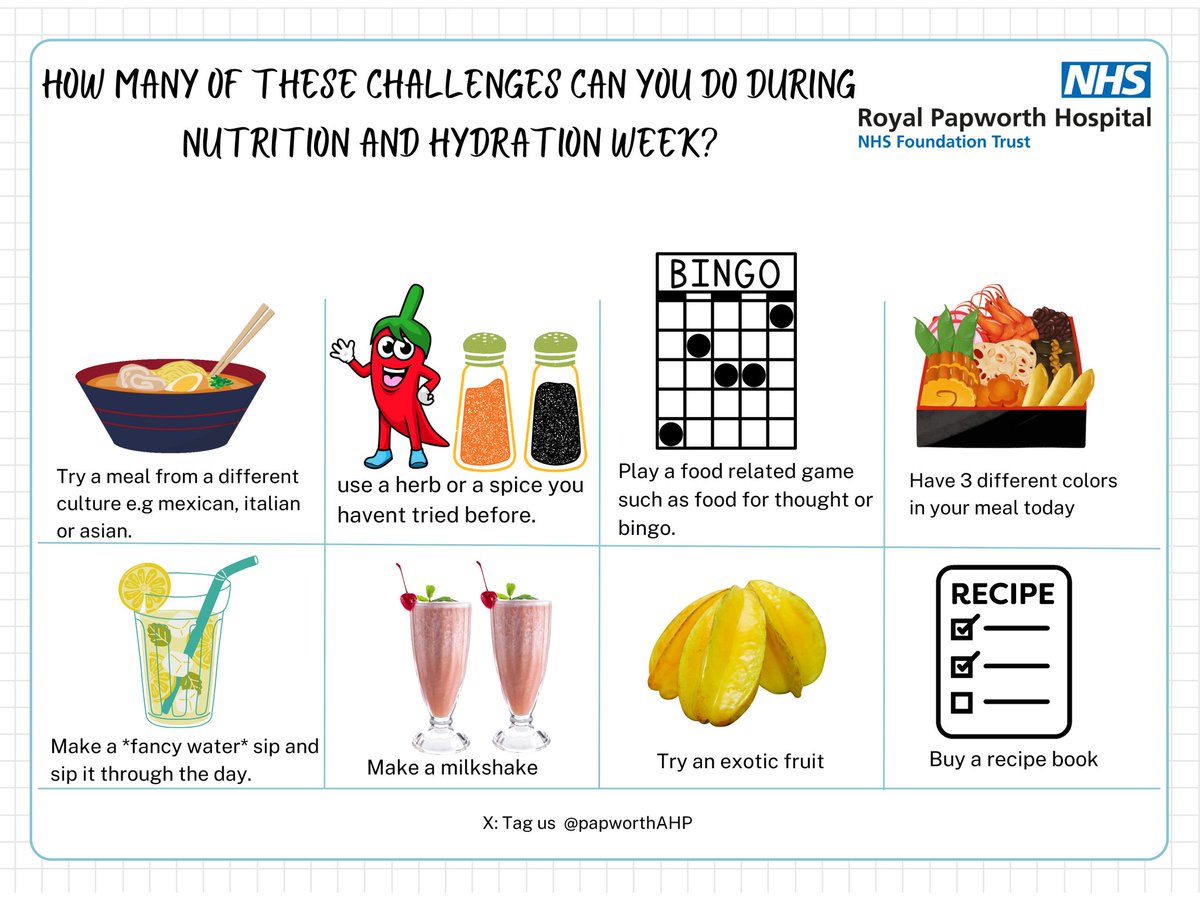 We're kicking off <a href="/NHWeek/">N&H Week</a> with a challenge. See how many you can complete this week and tag us in your achievements. 

A random winner will be chosen from any entries from RPH staff to win a water bottle. 💧 🍏

<a href="/liverdietitian/">Gillian Gatiss 💙</a>