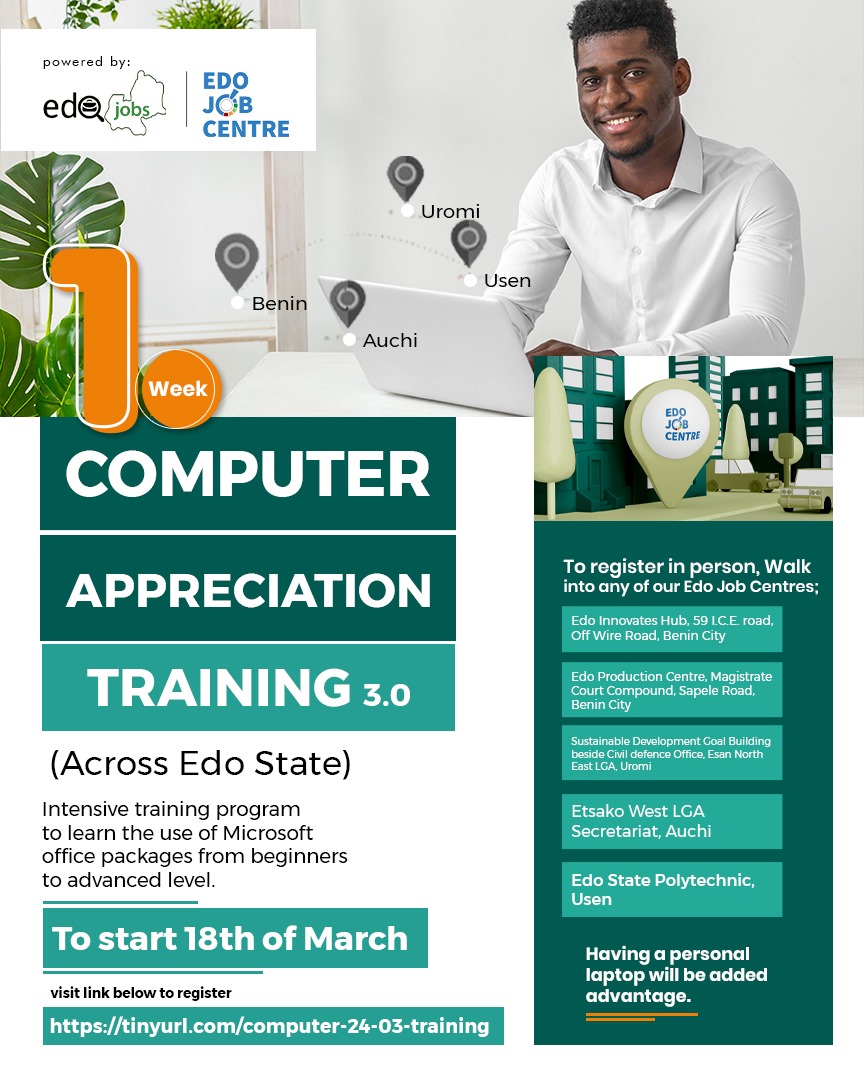 COMPUTER APPRECIATION TRAINING 3.0 Register now to learn the fundamentals of computer and the internet, as well as various Microsoft Office packages from beginner's level to advanced level. See flier for details and Visit 👉 tinyurl.Com/computer-24-03… #Edojobs2024