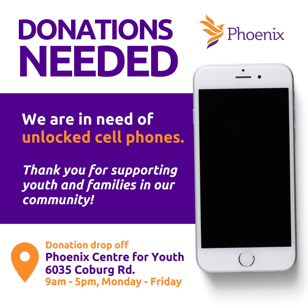 ✨📢CALL FOR DONATIONS 📢✨   Looking for unlocked cell phones! Access to a cell phone is important for youth and families to stay connected with essential services and supports, to book appointments, and for safety purposes. Donation Drop off 📍6035 Coburg Rd 🕒Mon-Fri, 9am-5pm