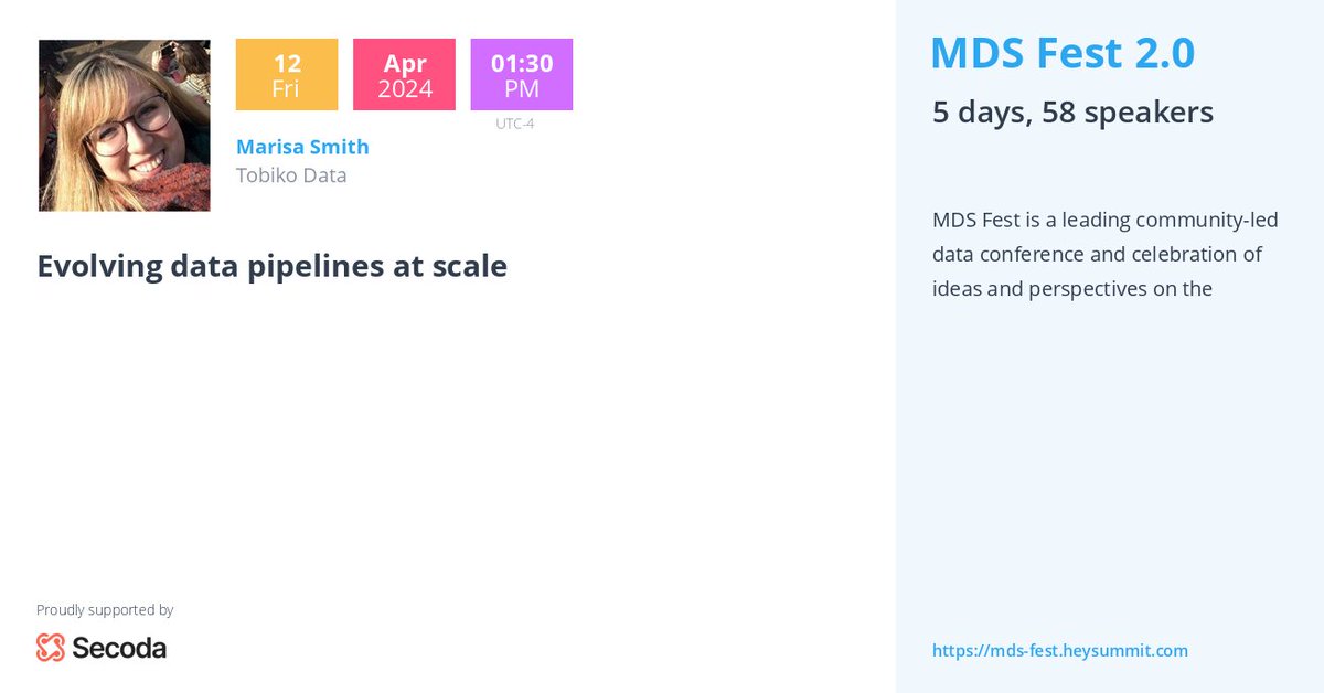 I am speaking at #mdsfest2.0! Join me on Friday at 1:30 pm EST to hear about the challenges data practitioners face today, and how the #OpenSource project @SQLMesh can help

mds-fest.heysummit.com/?sc=XUiH64g6

 #conference2024 #datapipelines @SecodaHQ