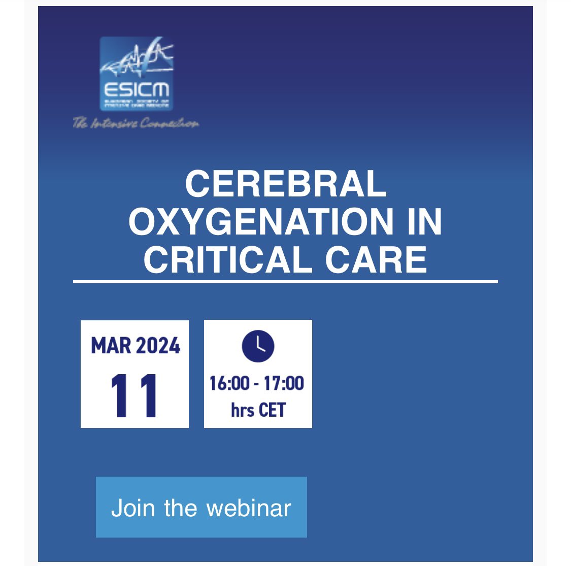 TODAY! Come join our #ESICM webinar: we’ll discuss how cerebral oxygen delivery is determined! Join and interact with our experts feat. Lori Shutter, Jean-François Payen, and Raimund Helbok, and moderated by Chiara Robba and Romain Sonneville. An opportunity not to be missed!